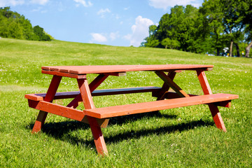 Wooden picnic bench on a green grass field in the park on a sunny summer day