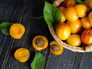 Ripe red apricots in a wooden basket