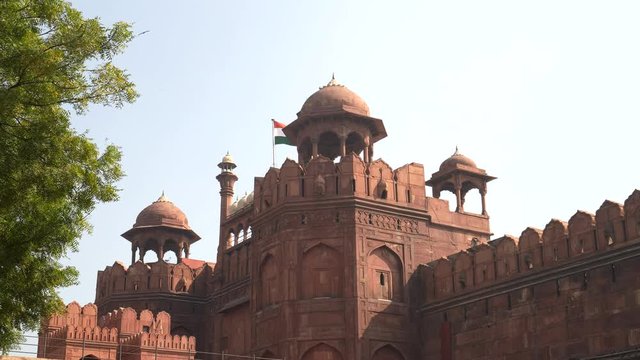 morning view of a domed tower at red fort in old delhi, india