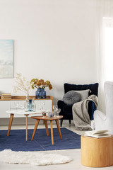 Grey and navy blue living room interior with coffee tables and velvet armchair