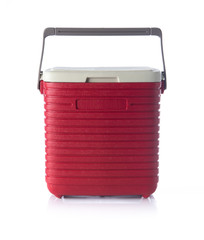 Handheld red refrigerator isolated on white background