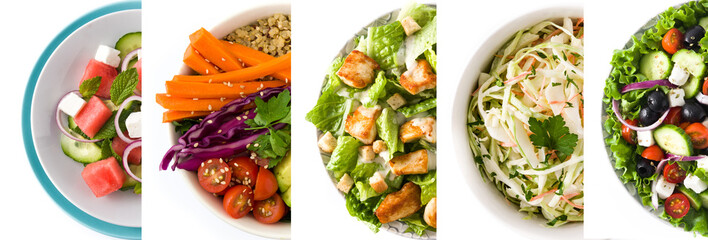 Collage of healthy salad. Greek salad, Pasta salad, Caesar salad, watermelon salad and Buddha bowl	