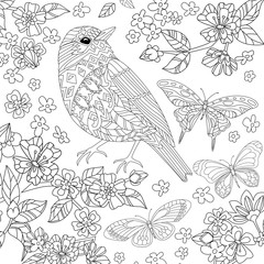 pretty bird in floral garden for your coloring book