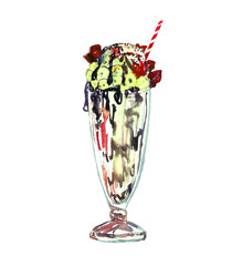 Milkshake with straw and chocolate on the top, watercolor hand painted illustration