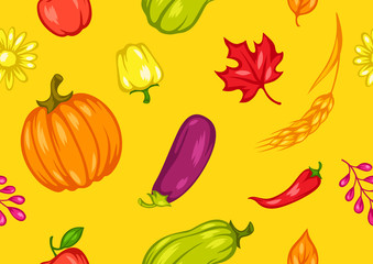 Harvest seamless pattern with fruits and vegetables.