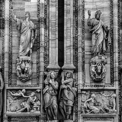 Milan Duomo cathedral details close up, Italy. Black and white toning