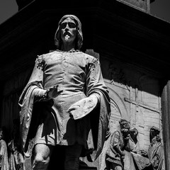 Leonardo Da Vinci monument in Milan. Black and white toning