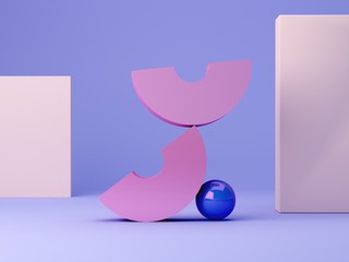 Geometrical pink metal shapes in balance. Blue plastic sphere. Blue background with pastel colors frame. Minimalist scene 3d rendering. Objects colorful composition.