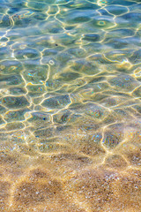 Aegean Sea shallow water beach surface at Ammolofoi Beach view, Kavala Region, Northern Greece, blurred abstract background