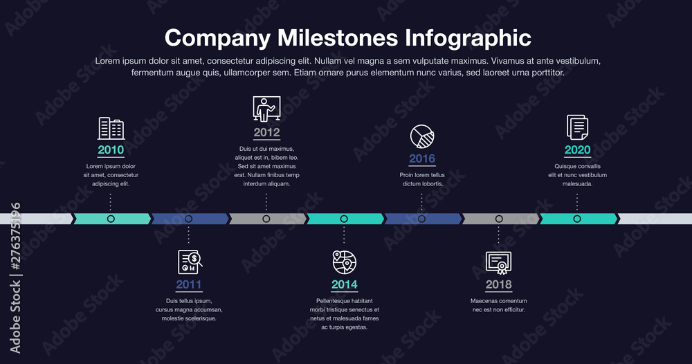 Poster Business infographic for company milestones timeline template with line icons - dark version. Easy to use for your website or presentation.