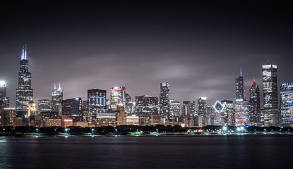 Fototapeta na wymiar Skyline of Chicago by night - view from Lake Michigan - travel photography
