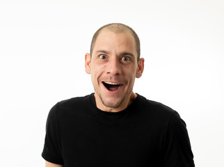 Obraz premium People emotions and facial expressions. Portrait of comic young man with funny crazy happy face