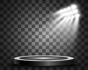 Podium with a spotlight on a dark background, first place, fame and popularity. Vector illustration. Realistic podium illuminated by spotlights.