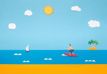 Obraz na płótnie Canvas Creative wallpaper with surfer in ocean waves under the sun