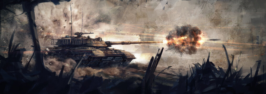 The tank is in battle, firing at the enemy. (Concept Art, Digital Paint)