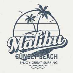 Malibu Sunset Beach - Vintage Tee Design For Printing - obrazy, fototapety, plakaty