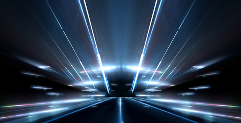 Empty stage, blue neon, abstract blue background. Rays of searchlights, light, abstract tunnel,...