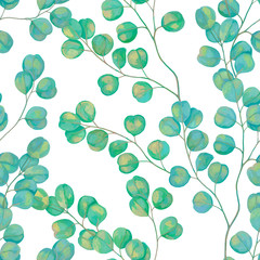 Seamless pattern. Botanical drawings with acrylic paints. Beautiful eucalyptus branches on a white background. Picturesque gentle wallpaper. Vintage style. Eucalypt realistic drawing.