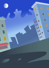 Abstract night city background in cartoon style.