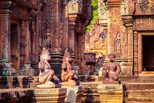 Karuda Bird Gardians Carvings at Banteay Srei Red Sandstone Temple, Cambodia
