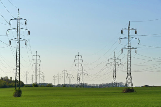 High voltage 110kV distribution corridor with safe zone, electric lines