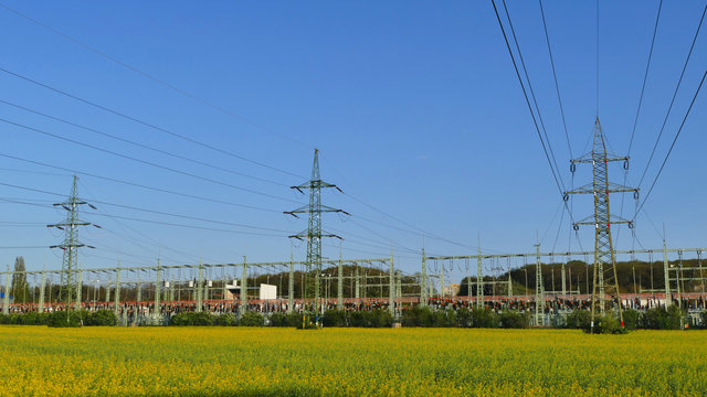 Electrical substation in field, transforming 110kV to 22kV