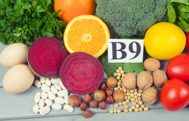 Healthy products and ingredients as source vitamin B9 (acidum folicum), natural minerals, concept...