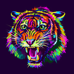 Growling Tiger. Abstract, multicolored portrait of a snarling neon tiger on a dark purple background. - 276378564