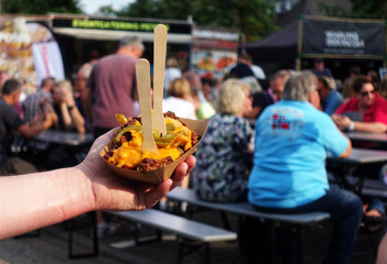 Poutine with French Fries and Chili con Carne, Street Food, dish, food