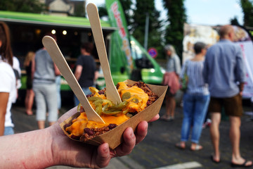 Poutine with French Fries and Chili con Carne, Street Food, dish, food
