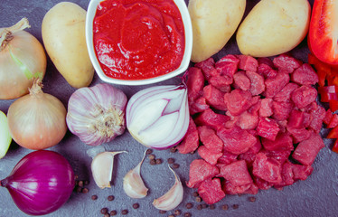 Ingredients for the preparation of traditional Hungarian goulash.