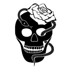 Vector black and white hand drawn illustration, skull with snake, rose tooth, silhouette face of human Print horror for t shirt Mexican style, day of the dead Mexico, halloween Sketch, tattoo drawing. - 276378939