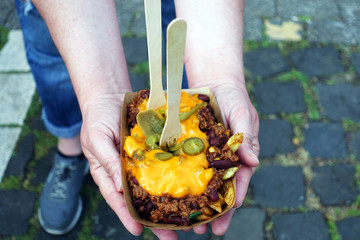 Poutine with French Fries and Chili con Carne, Street Food, dish, food