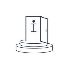Podium. Opened door. Information icon. Open information resource. Vector linear icon, white background.