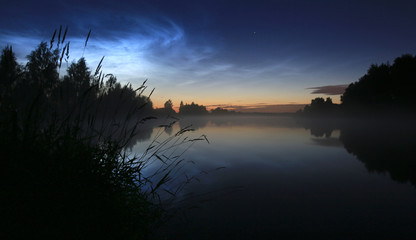 Night landscape with trees by the lake and clouds in the sky at dawn