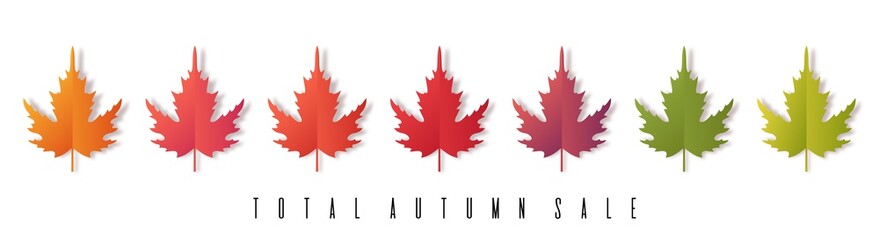Total autumn sale banner. Colorful leaves on white background .Trendy origami paper cut style vector illustration.
