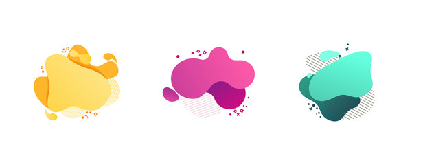 Abstract colorful blobs set. Yellow, cyan, pink, purple hatched shapes, stars and dots. Flowing liquid, layers, dynamical forms. Vector illustration for banner, poster, logo, cover design