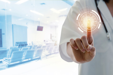 finger hand of female doctor with stethoscope hand pointing touching virtual screen interface...