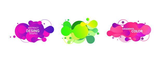 Abstract design shape set. Pink, purple and acid green fluid circles. Flux forms, flowing liquid isolated on white background. Vector template for banners, posters, covers