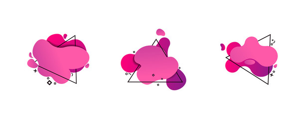 Abstract flux shape set. Violet, pink and purple blobs in triangles. Wavy forms, geometric frames, gradient colors. Vector template for banners, posters, brochures, covers
