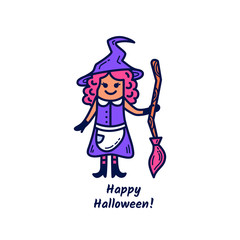 Cute witch with broomstick and with the phrase Happy Halloween.