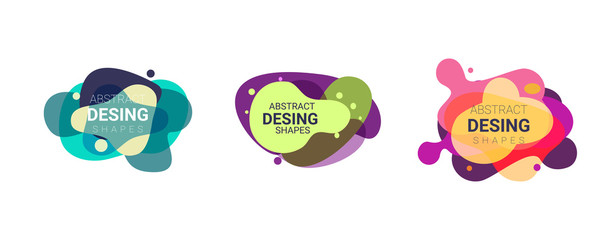 Flowing abstract geometric shape set. Violet, yellow, pink, purple, cyan elements. Transparent layers, liquid splashes, fluid forms. Vector illustration for banner, poster, logo, flyer design