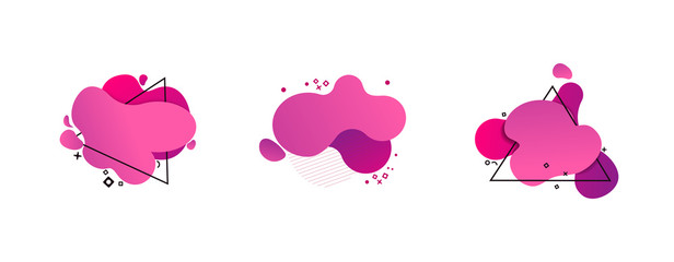 Pink and purple abstract splash set. Flowing liquid blobs with triangles and dots. Fluid forms, regular geometric shapes. Vector illustration for presentation, logo, label design