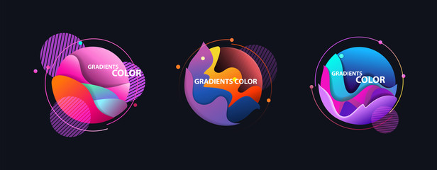 Round multicolored abstract elements set on black backdrop. Dynamical colored forms and lines. Flowing liquid shapes banners. Template for design of logo, flyer, presentation, vector illustration