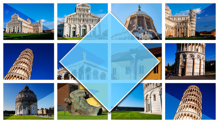 Collage photos of Pisa - Italy, in 16: 9 format. With the Leaning Tower in Piazza dei Miracoli. UNESCO world famous site, located in the beautiful Tuscany.
