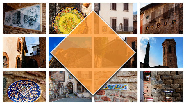 Collage photos of Deruta - Italy, in 16: 9 format. Town in Umbria famous for its artistic hand-made and painted ceramics.