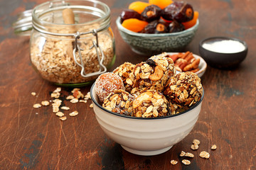 Raw vegan sweets, energy balls with dried fruits and nuts 