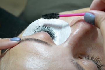 Extension of artificial eyelashes for an adult woman, a master combing eyelashes with a brush