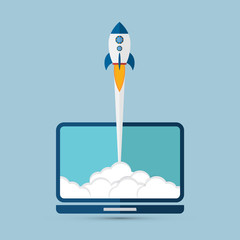 Startup vector concept, flat cartoon rocket launch and computer or laptop pc, successful business project start up, boost technology, innovation strategy.