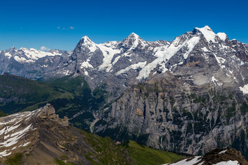 Amazing view of Swiss Alps, Jungfrau mountain range from schilthorn, Murren, Switzerland.